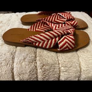 Red and white knit sandals